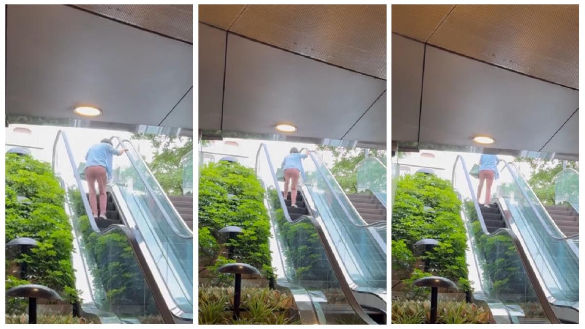 頭被看到就完了！ 她演習卡手扶梯「瘋狂倒退嚕」 網笑：15萬的壓力